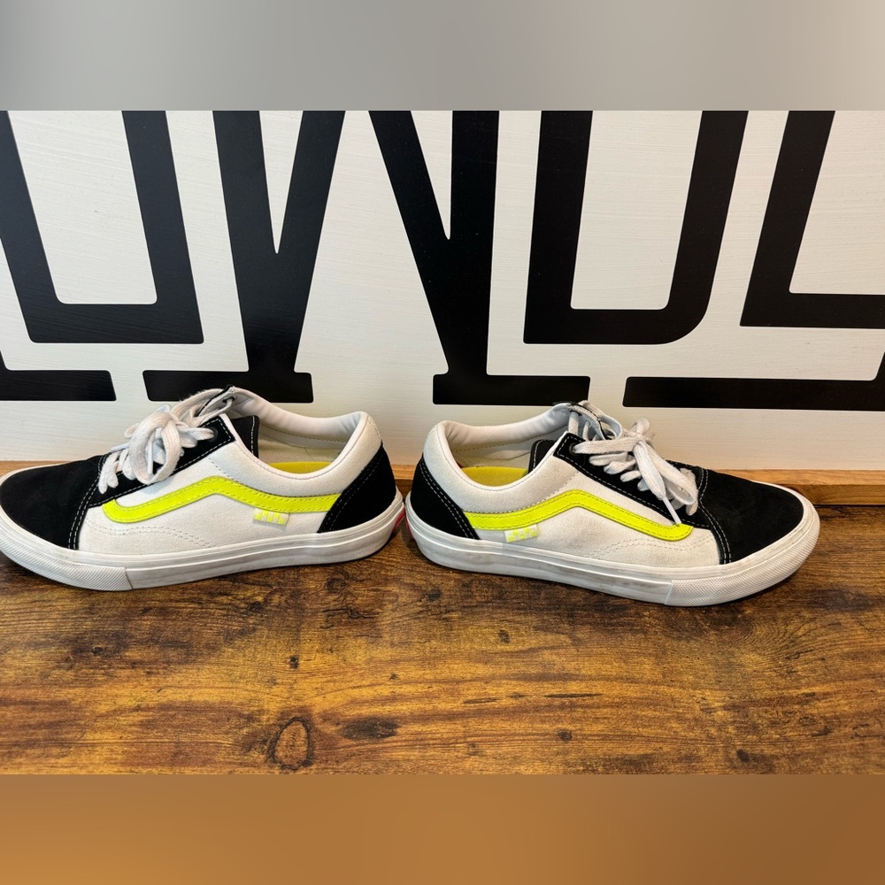 Vans Black and White Sneakers with Neon Yellow Stripe